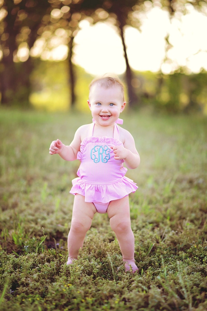 Personalized Ruffle Swimsuit - Pink Gingham One Piece