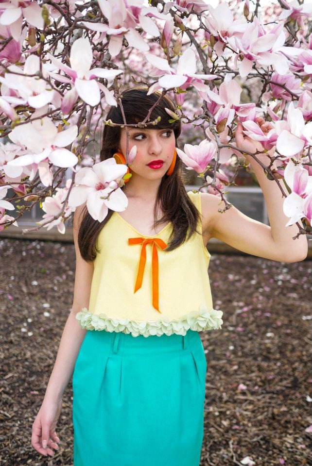 Paulie Antiques Buttercup Crop Top with Orange Velvet Bow and Green Floral Hem