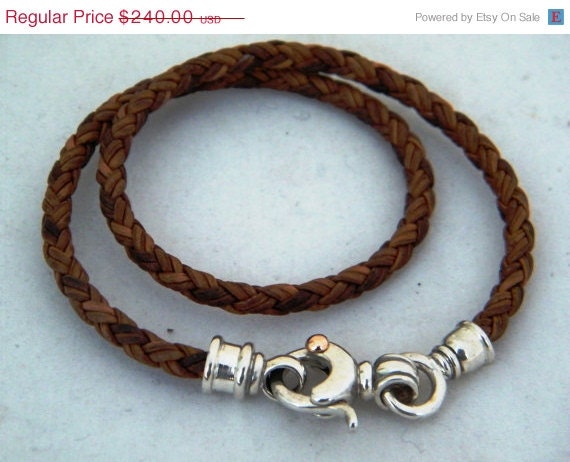 on sale Silver Bracelet with Braided Leather Cord Unisex 9k Gold  on the Clouser