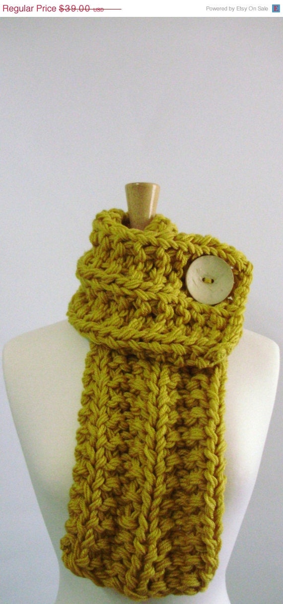 50% OFF Mustard Yellow Chunky Knit Cowl Scarf with Large Cream Button