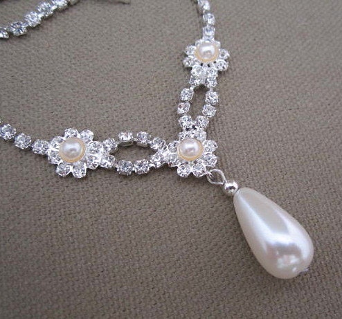 Vintage Rhinestone Pearl Drop Wedding Formal Strand Necklace