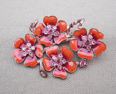 Salmon Orange Rhinestone Flower Brooch 1928 Jewelry Company