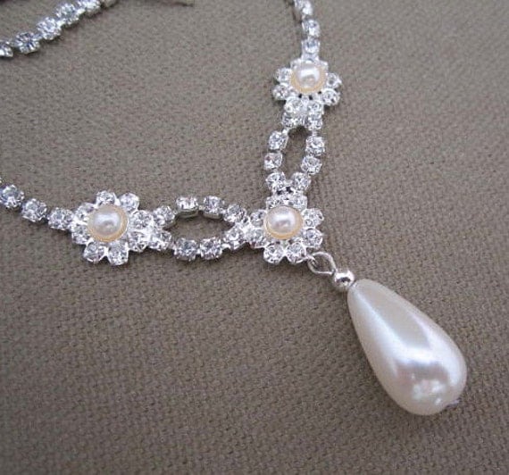 Vintage Rhinestone Pearl Drop Wedding Formal Strand Necklace