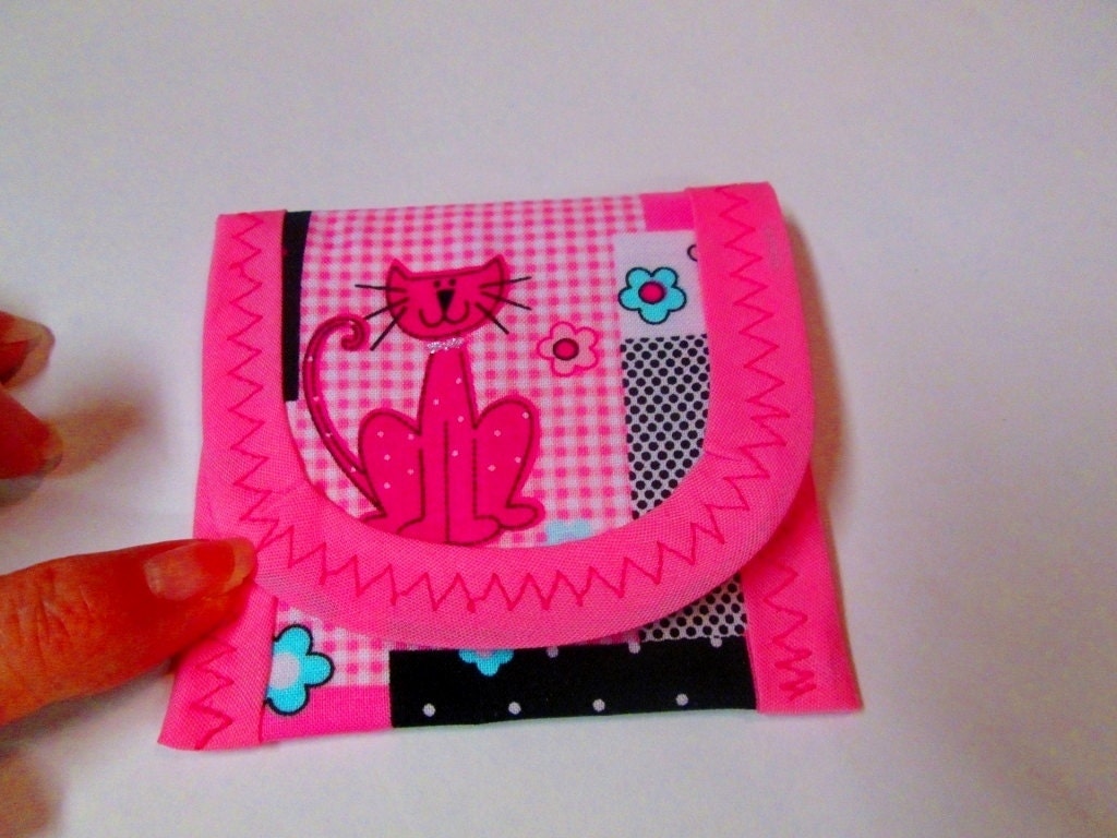 Kitty Cat Cotton Fabric, Change purse Wallet, size 3 1/2  x 3 1/4 inch, Envelope Style, Clutch,  Bags and Purses