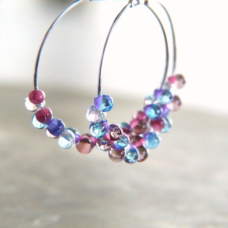 Pastel Hoop Earrings - Glass Teardrop Beads Dangle Earrings - Pink Purple White Earrings