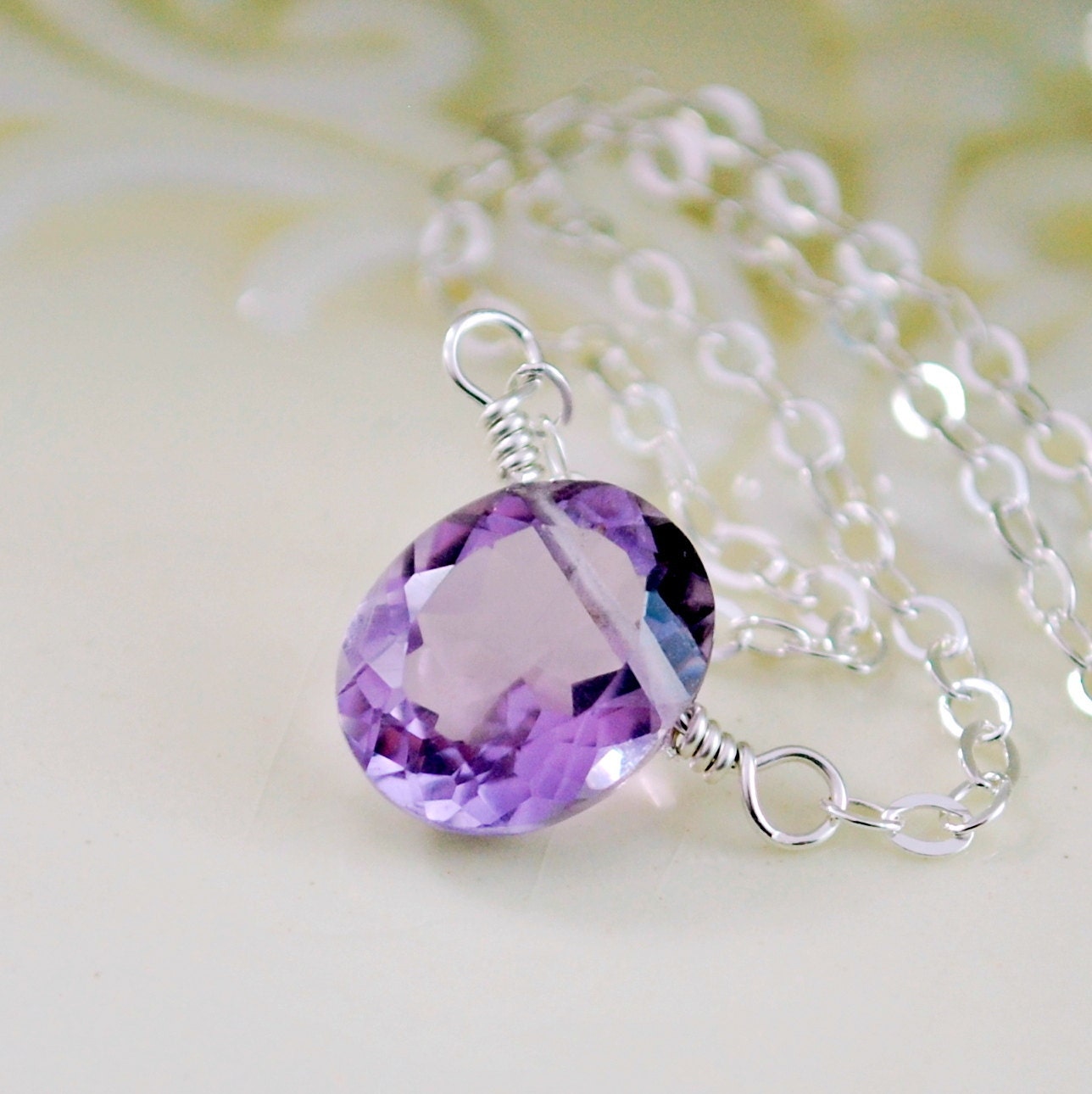 NEW Pink Amethyst Necklace, Sterling Silver, Lilac Semiprecious Gemstone, Wire Wrapped Simple Jewelry, Free Shipping