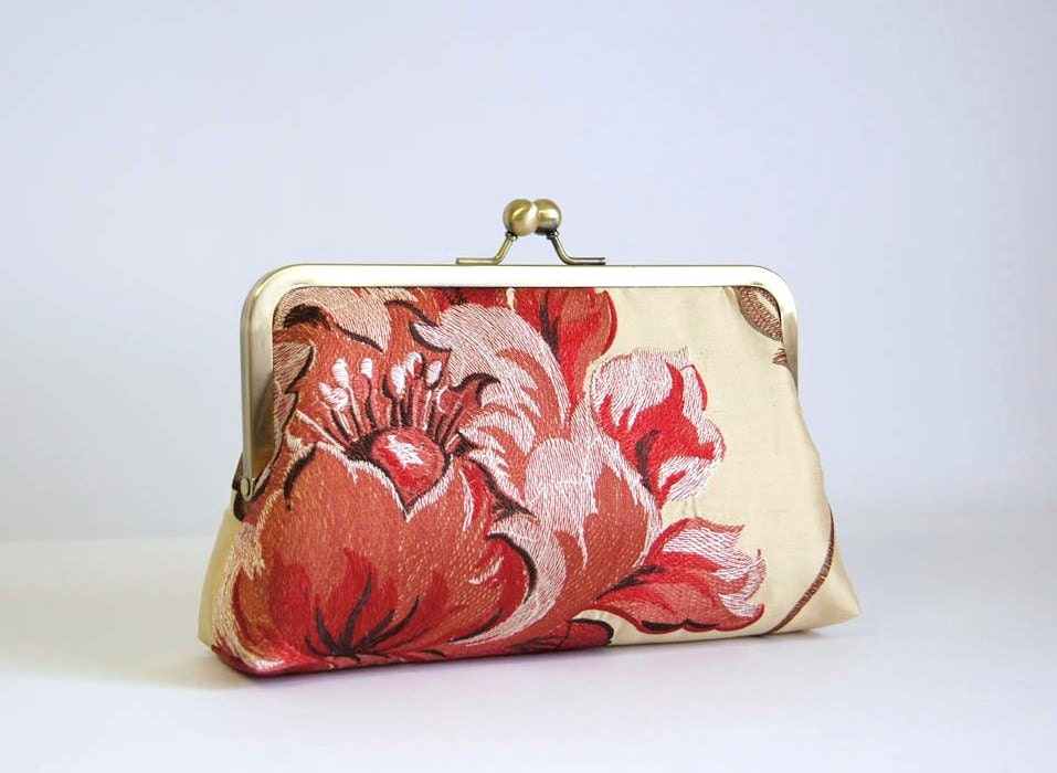 EllenVintage  Gold Silk Clutch with Red Flower, wedding clutch, wedding bag, bridesmaid clutch, Bridal clutch, Purse for wedding