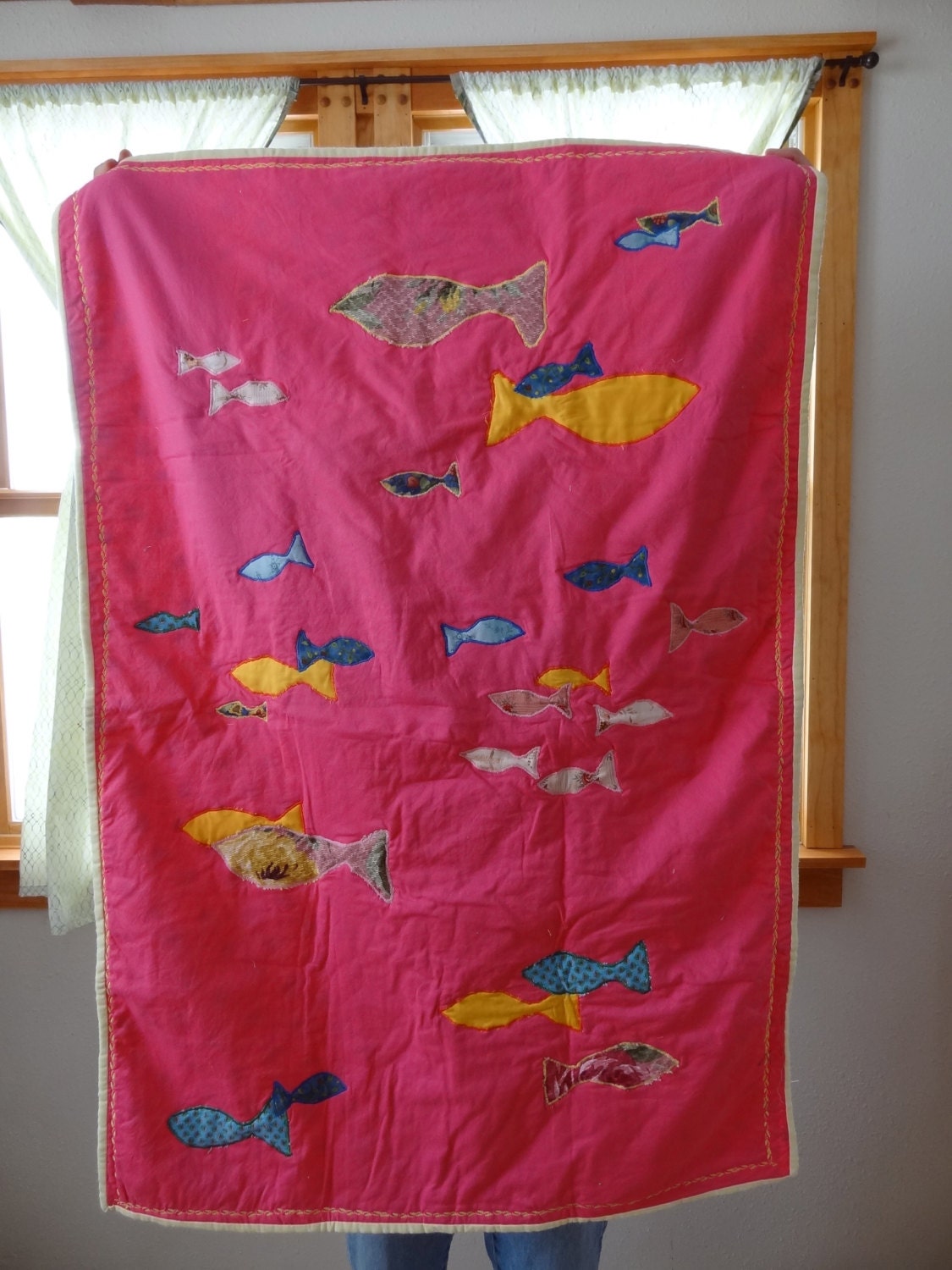 Handmade Baby Quilt. School of Fish. Pink. Crib Size. Scrapbag Quilt. Colorful.