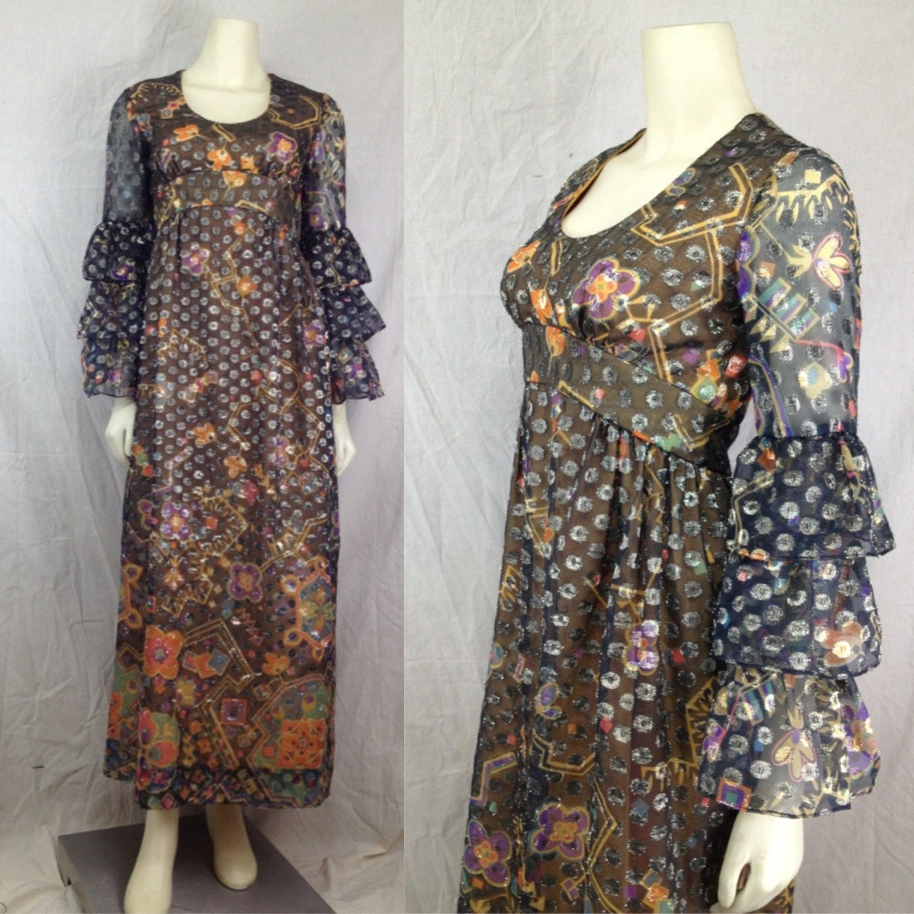 Vintage Pat Richards 1960s baby doll Empire waist dress Sheer lurex Groovy Hippie Flower Power