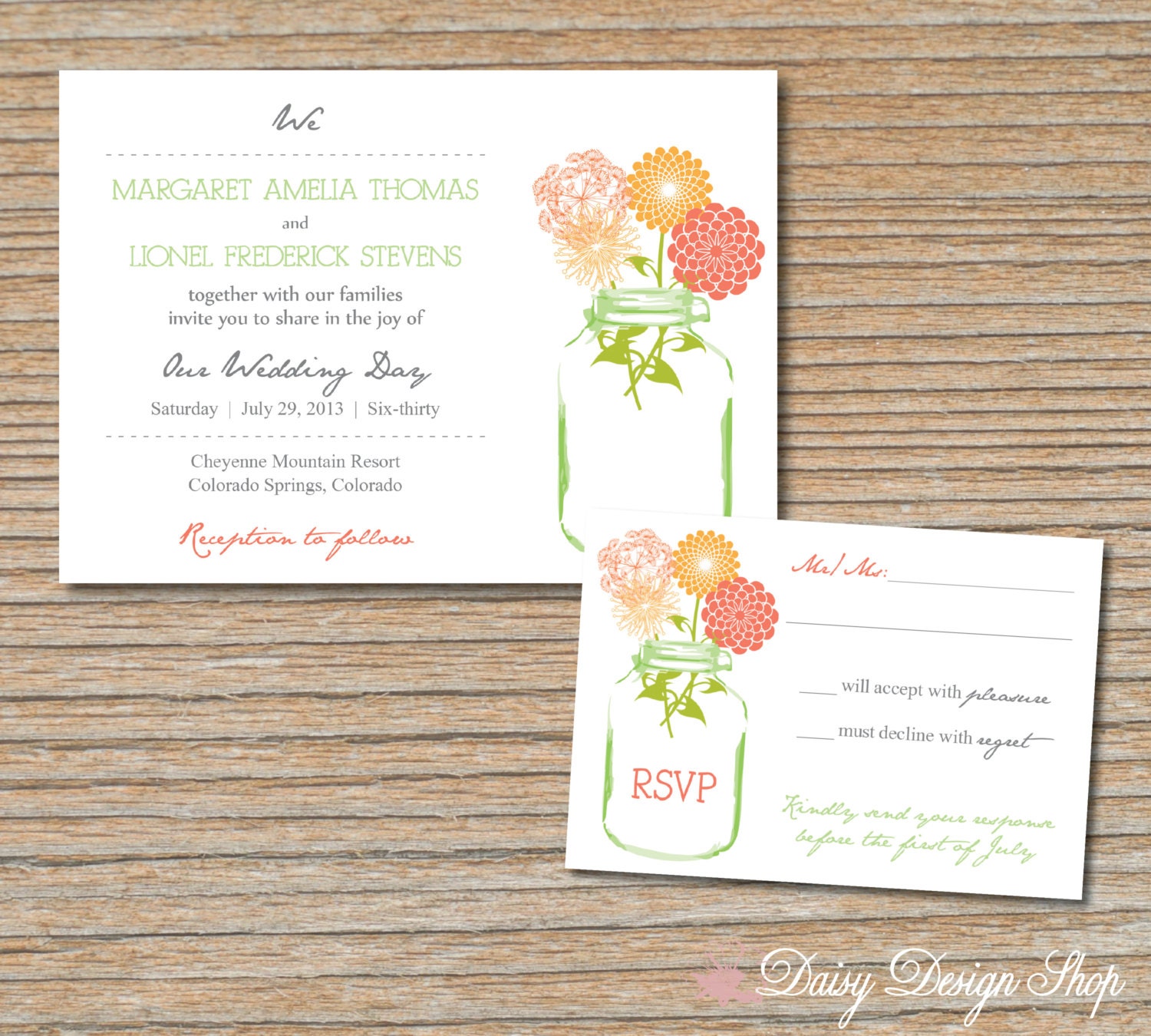 Wedding Invitation - Mason Jar with Wildflower Medley - Invitation and RSVP Card with Envelopes
