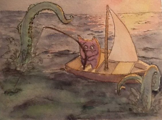 Batty Cat Goes Deep Sea Fishing - Mini Painting