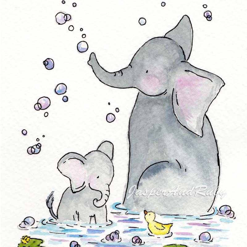 Bathtime for Ellie - 8X10 Archival PRINT - Elephant Nursery Art
