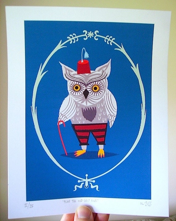 Olaf The Old Grey Owl - 5 x 7 Owl illustration Limited Edition Print