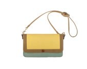Macaw sling bag in yellow patent, khaki and duck egg leather