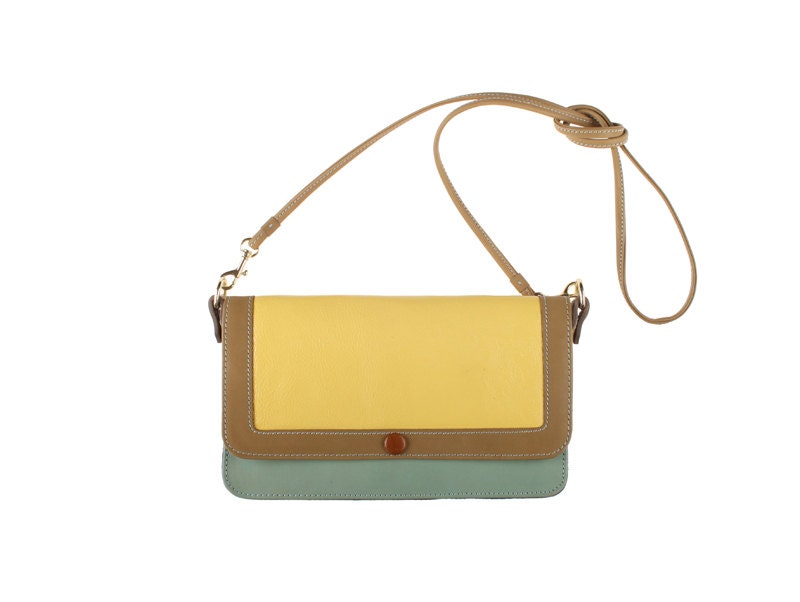 Macaw sling bag in yellow patent, khaki and duck egg leather