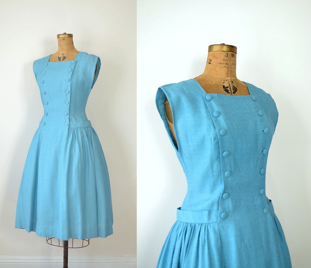 1950s Dress / 50s Blue Drop Waist Dress