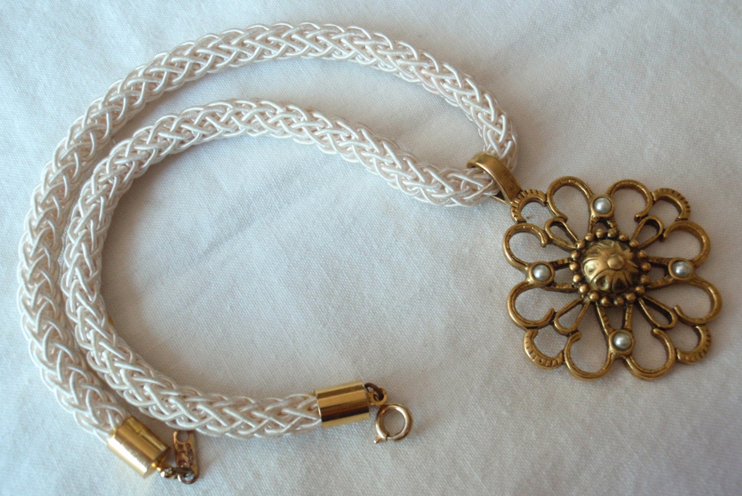 Vintage Gold Tone with Pearls Pendant on Woven Choker