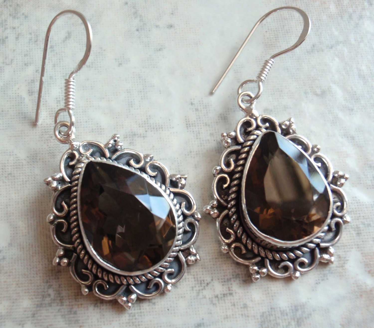 Sterling Silver Smoky Quartz Teardrop Pear Dangle Earrings Vintage Estate