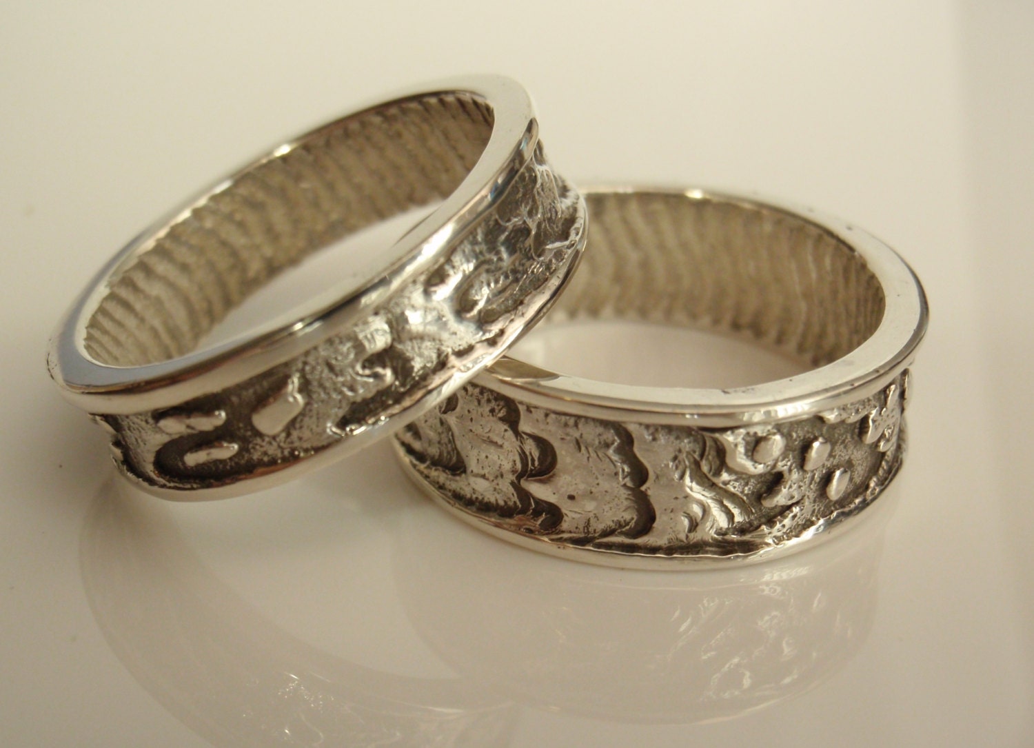 Sterling Silver Wedding Bands Rings His and Hers Custom Cuttlebone Cast