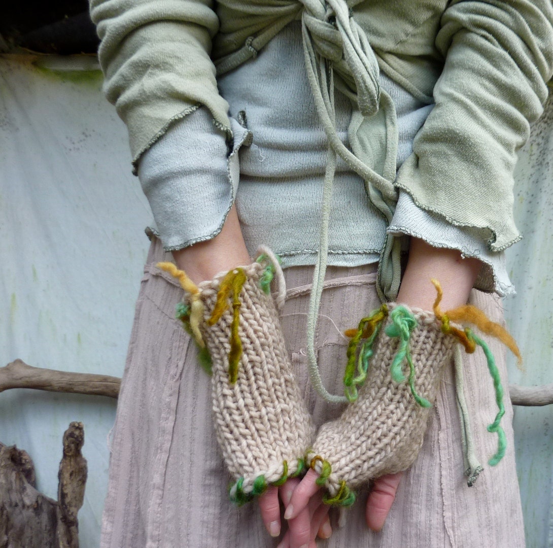 Fairy Glen Warmers, hand knitted fingerless gloves in wool mix yarn with hand spun wool in faerie colors