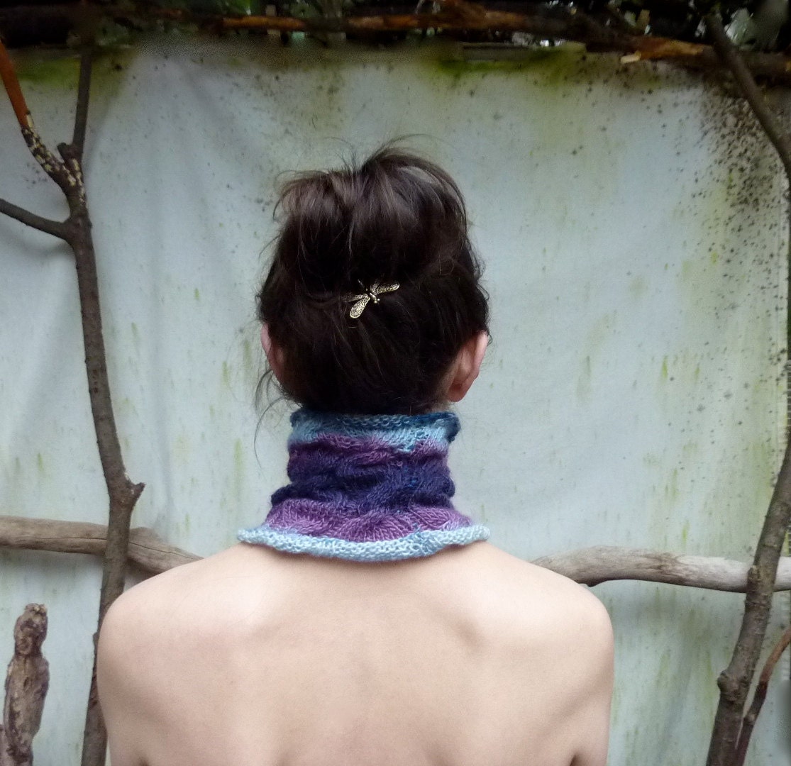 Hummingbird Neck Cuff, hand knitted cowl in luxe silk and wool yarn, blue and purple and mauve wtih cable stitch READY TO SHIP