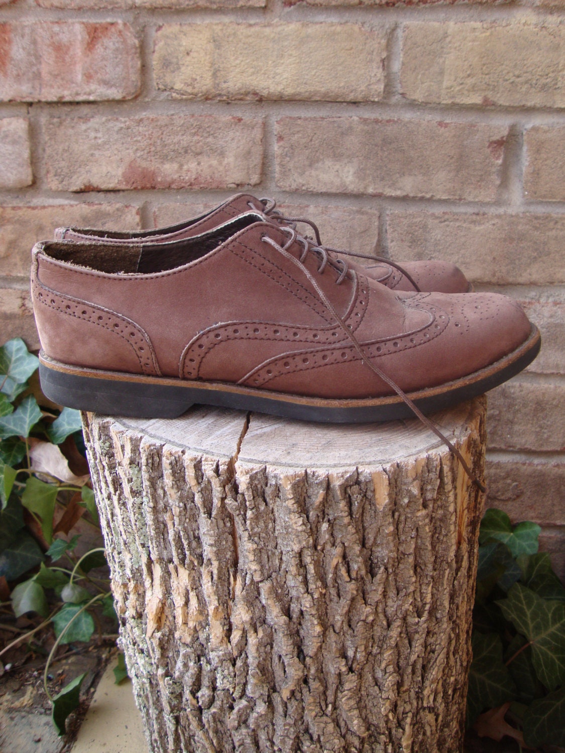 Vintage Distressed  Brogues -- Gentleman's Old Lace Up Wingtip Spectator Oxfords - - Genuine Suede Leather - Size 10M - Made in Romania