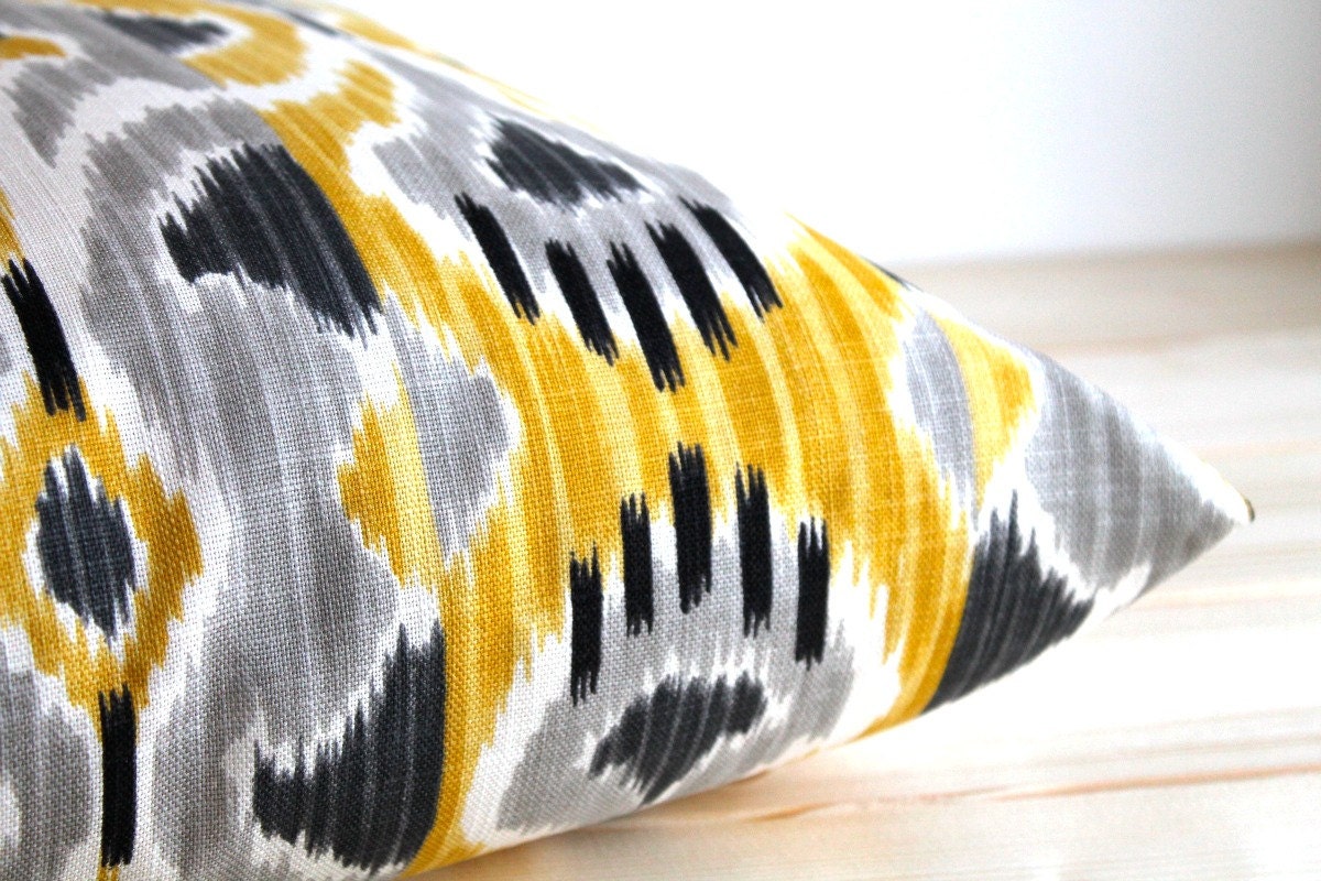 Yellow and Grey Ikat Pillow Cover - 16 x 16 Ikat Cushion - Ikat Wave Sunshine