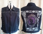 Upcycled Black Denim Women's Studded Cameo Goth Deathrock Vest Plus Size