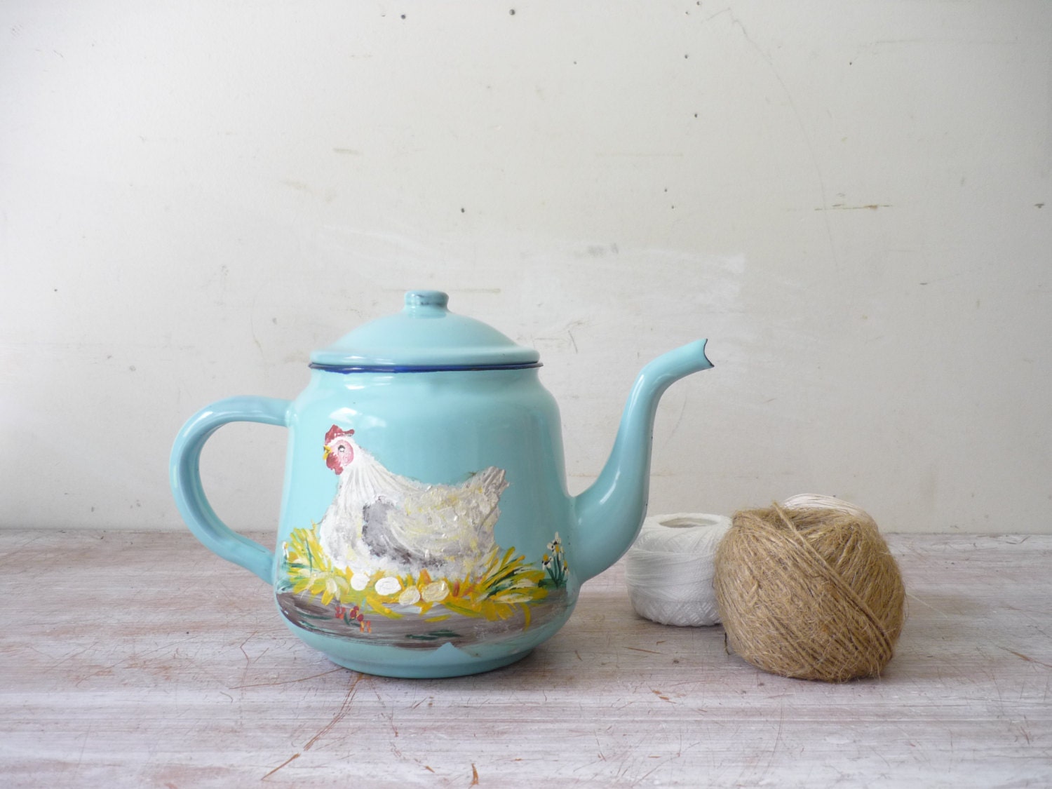 Vintage Peacock Enamelware Teapot in Beautiful Blue with Hand-Painted Country Scene