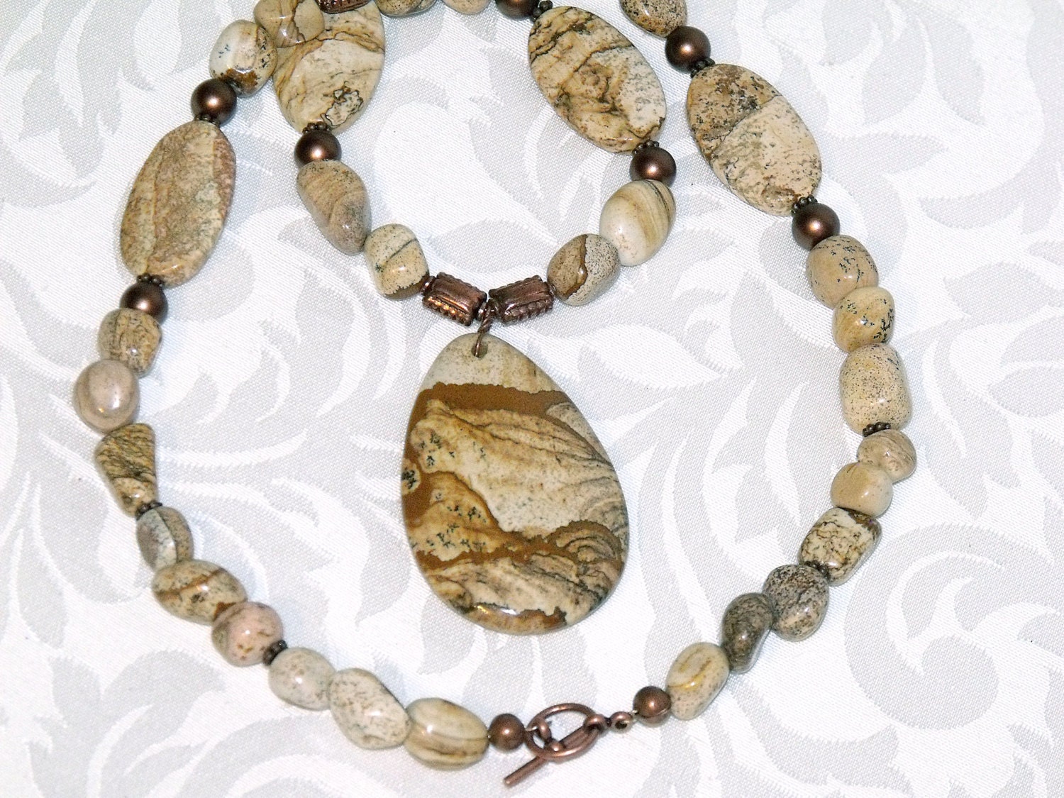 Picture Jasper Cabochon Pendant and Bead Necklace - gemstone semiprecious stone rock nuggets