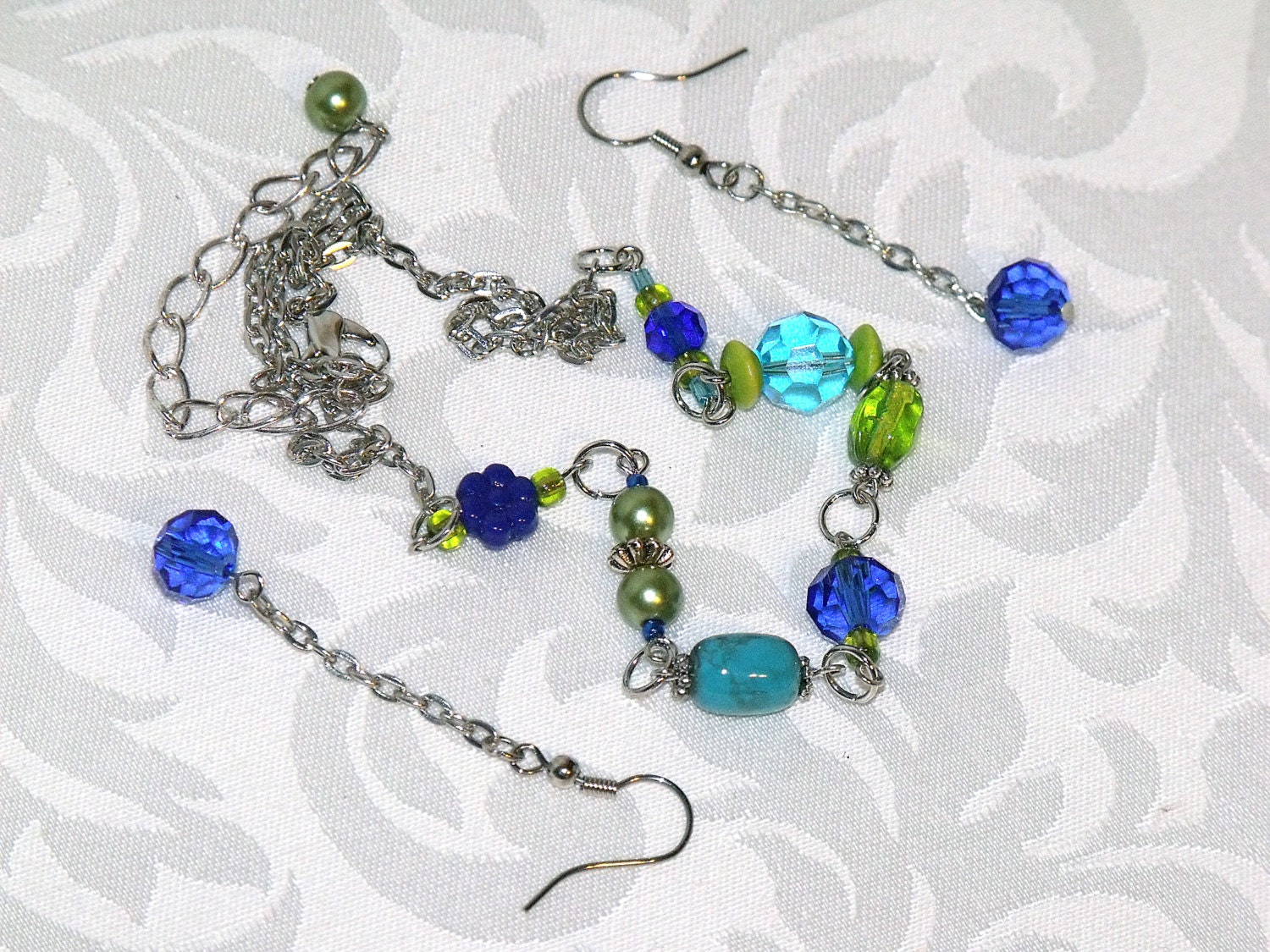 Turquoise Sapphire and Lime Bead Necklace and Earrings - multi color spring beaded chain glass