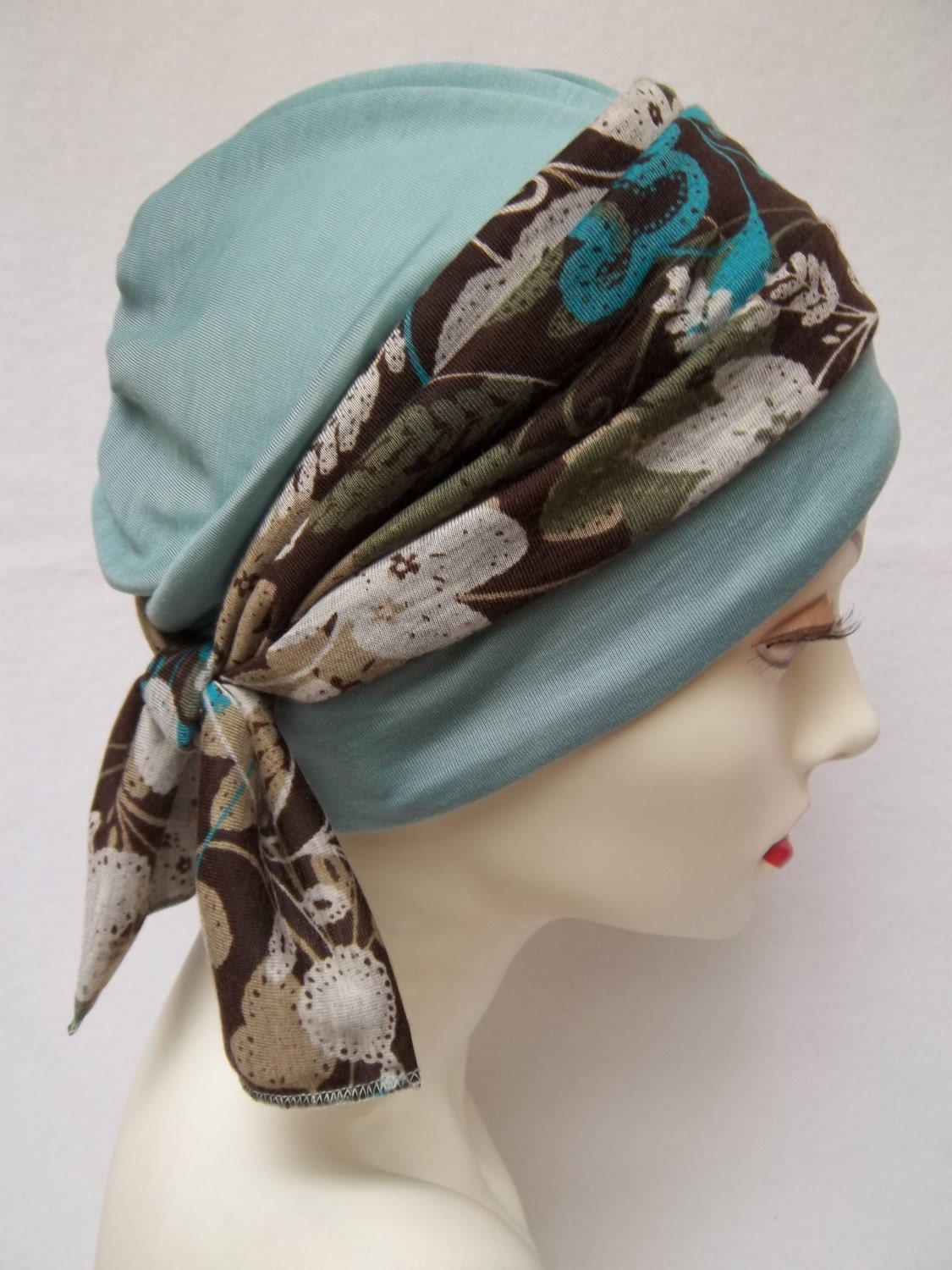 Hat Summer Slouch Dusty Jade Tencel Rayon w Turq Brn Flrl Headbnd  Chemo Scrub Cap