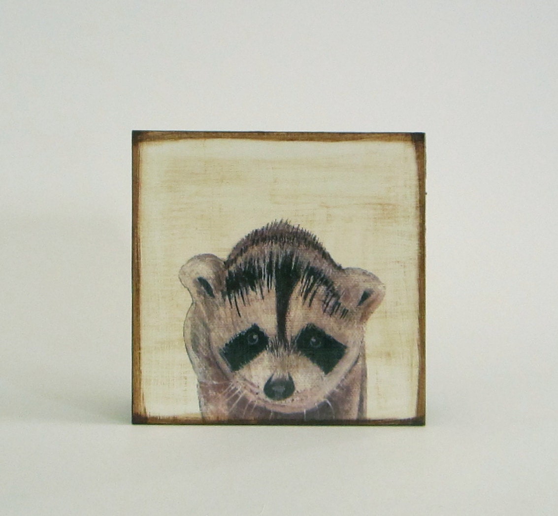 Nursery Wall Decor l Raccoon 5x5 art block Baby Nursery Decor Children animal gray black white redtilestudio