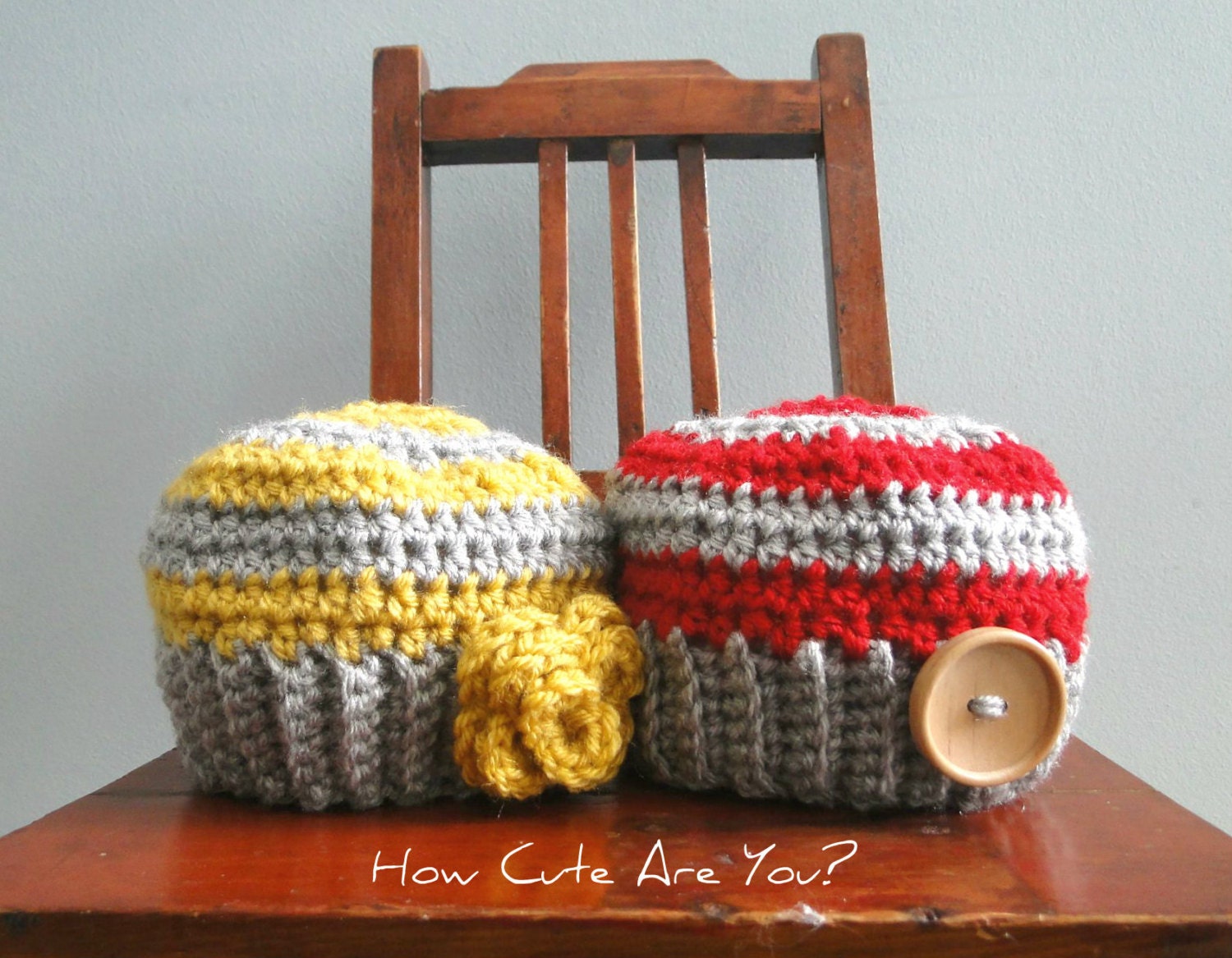 Baby Girl Hat Baby Boy Hat Red and Gray  Stripes with Button - Newborn to 6 Months - Ready to Ship