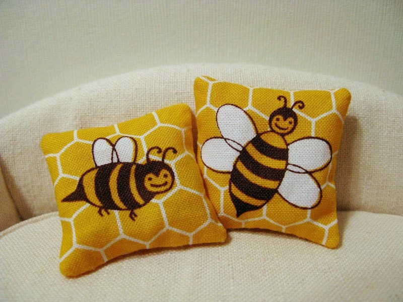 Yellow honeybee pillows - set of 2 - dollhouse miniature