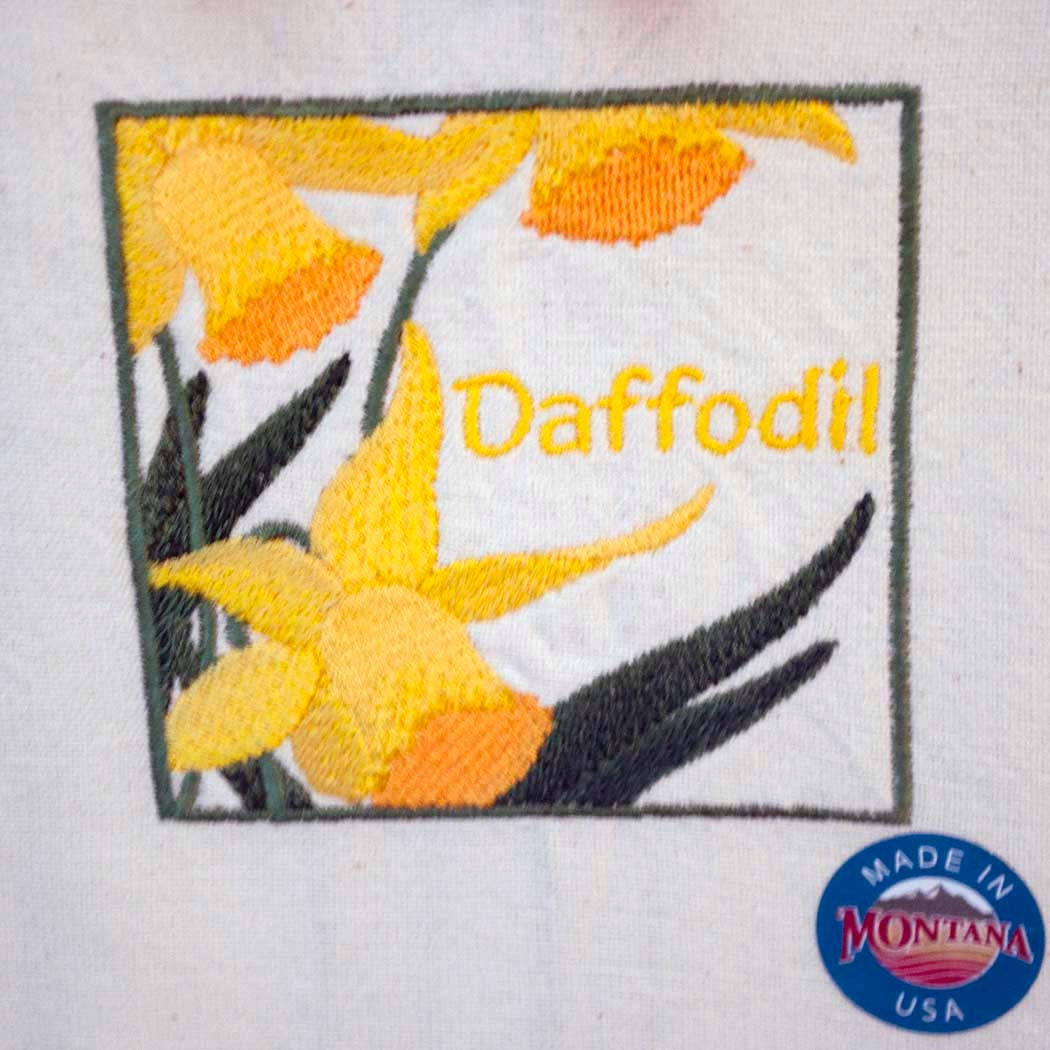 Daffodil Embroidered Tea Towel - Embroidered Towel - Cream Color Kitchen Towel with Two Yellow Stripes