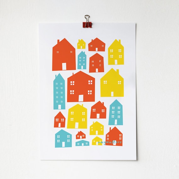 A4 Scandi Houses Print in Primary Colours