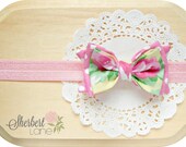 CLEARANCE - Spring Headband - Pink & Yellow Floral Dot Fabric Bow - Pink Foldover Elastic