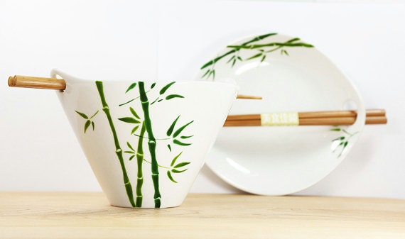 Hand Painted Ceramic Noodle Bowl With chopsticks green bamboo leaves botanical design modern minimalist white kitchen decor serving dish