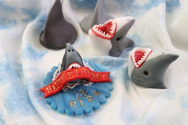 Scary Sharks Cupcake Toppers ( 8 Sharks, 3 Shark Fins, 1 Birthday Message Plate) Il_570xn