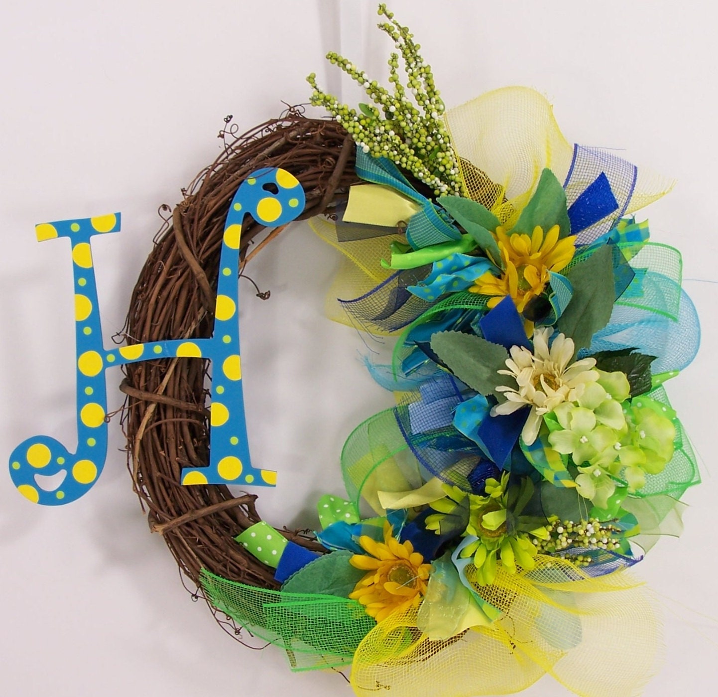 Letter Monogram Initial Spring Wreath with Flowers, ribbons, mesh