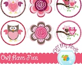 OWL HAVE FUN Images, Digital Images, 1" Circles, Button Images, Pin Images, Bottlecap Images, Owl Images, Flower Images