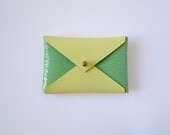 Leather Business Card Case or Wallet - Lemon Yellow and Shiny Green Colorblock