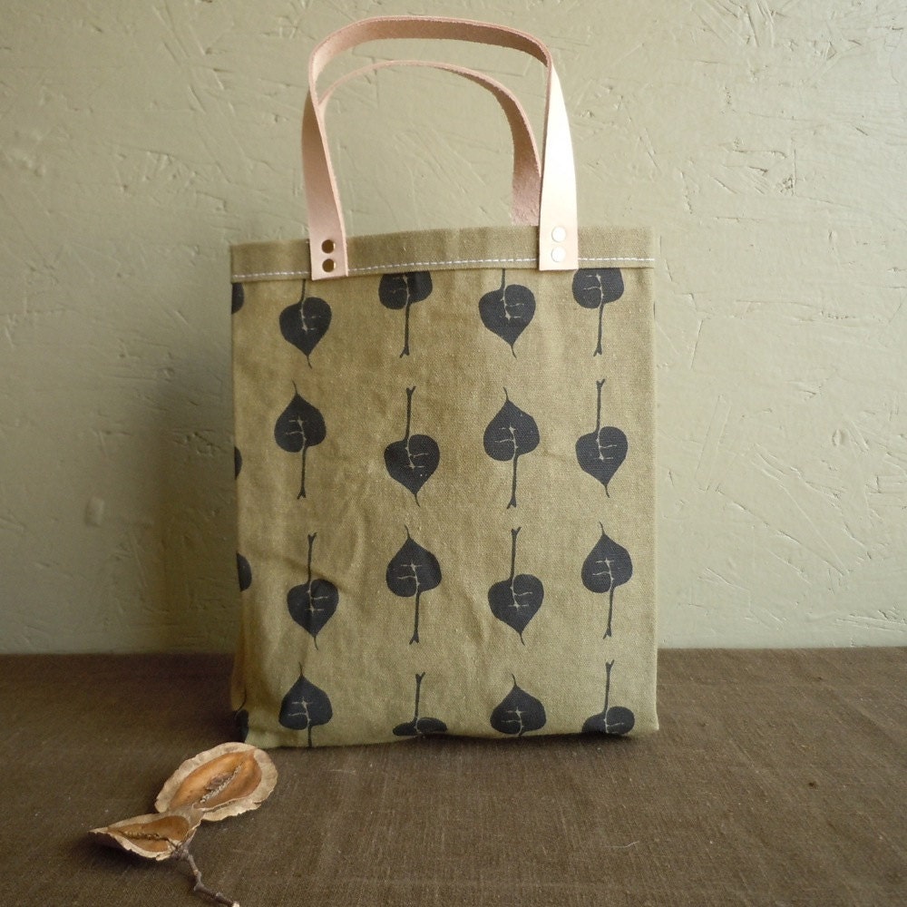 Sage Green Waxed Canvas Tote with Leaf Imprint