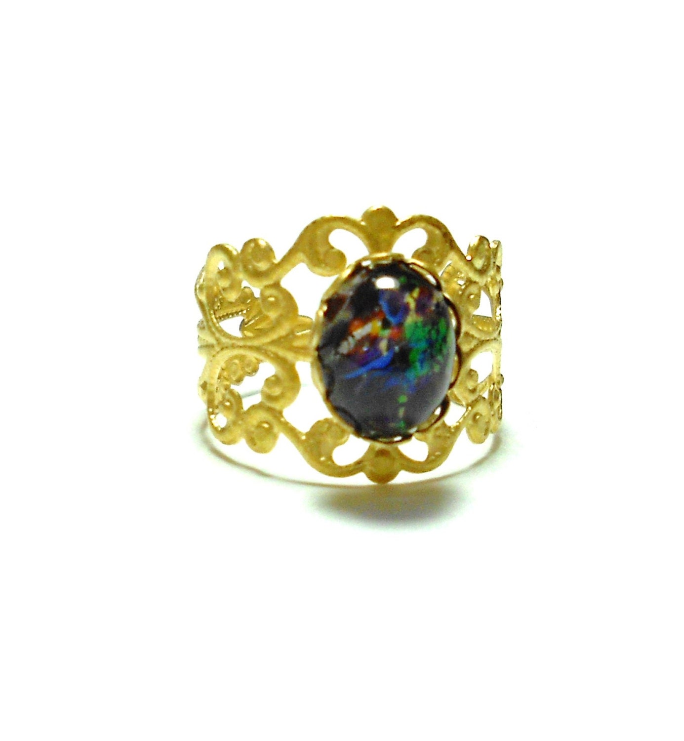 Vintage Black Opal Glass Ring - Estate Jewelry - Filigree Ring - Adjustable Ring