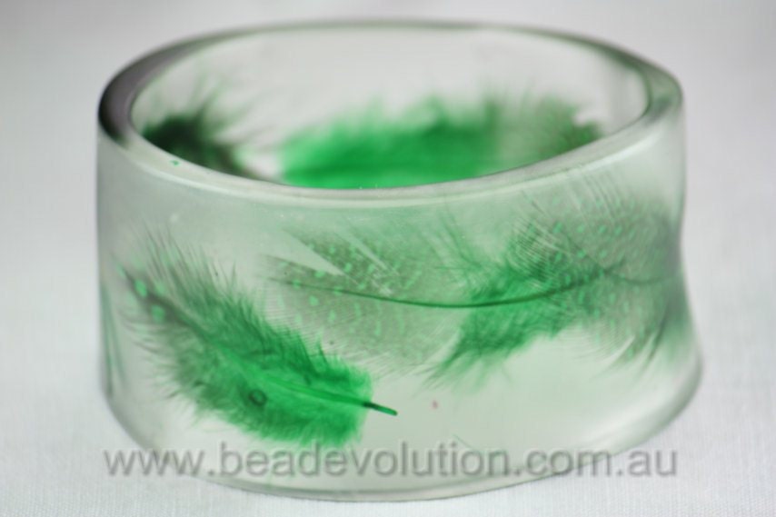 Resin Bangle Cuff Style with Green Feathers