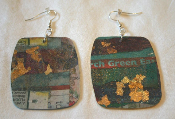 Large drop earrings made from recycled newspaper, gilding flake and heavy interfacing with silver fixings.