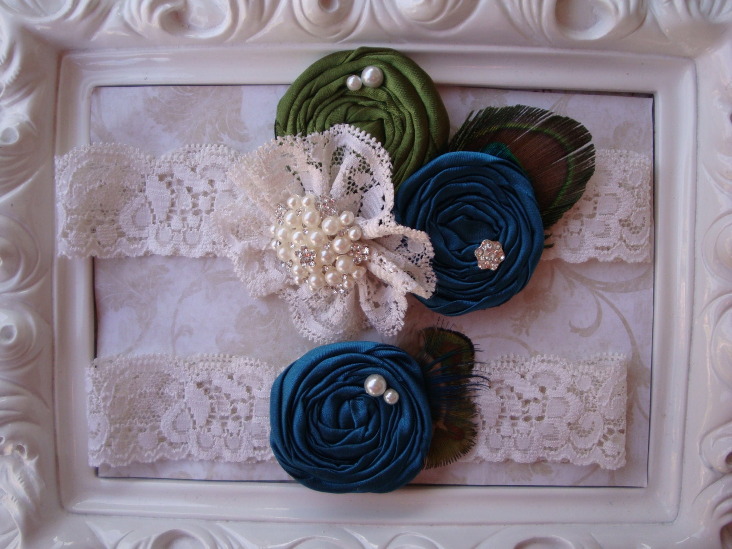 Wedding Garter - Bridal Garter - Peacock Wedding Garter Set - Teal Blue and Green Rosette Garter and Toss Garter Set