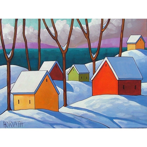 PAINTING ORIGINAL Folk Art Snow Sea Modern Abstract Coast Cottages Tree Shadows Winter Ocean Landscape Fine Artwork Horvath Buchanan 12x16