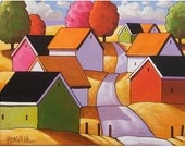 PAINTING ORIGINAL Folk Art Fall Road Cottages Modern Yellow Hills Country Abstract Landscape Autumn Trees Fine Artwork C. Horvath 11x14